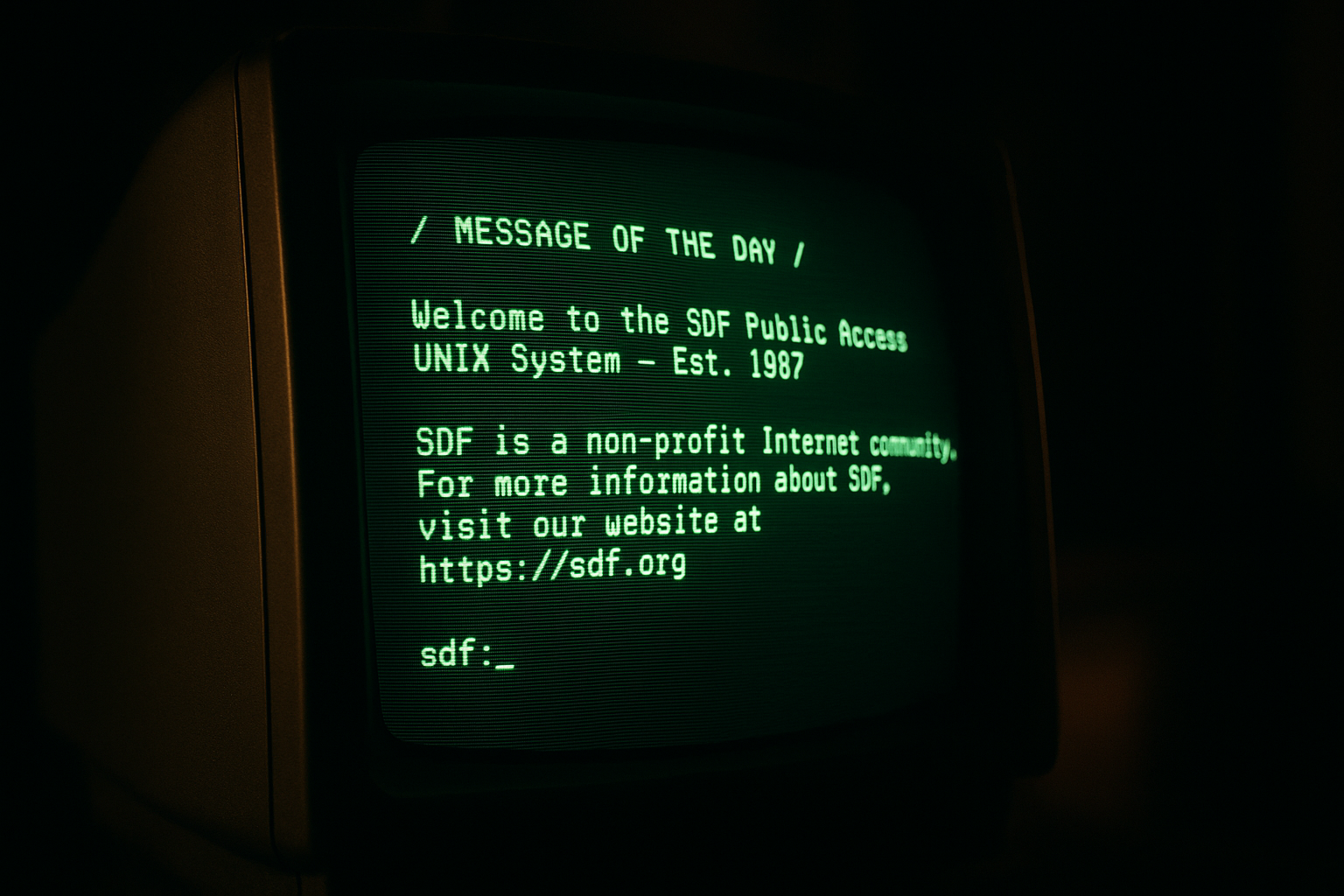 A classic green-on-black terminal screen showing a user logged into SDF, with the iconic MOTD (Message of the Day).